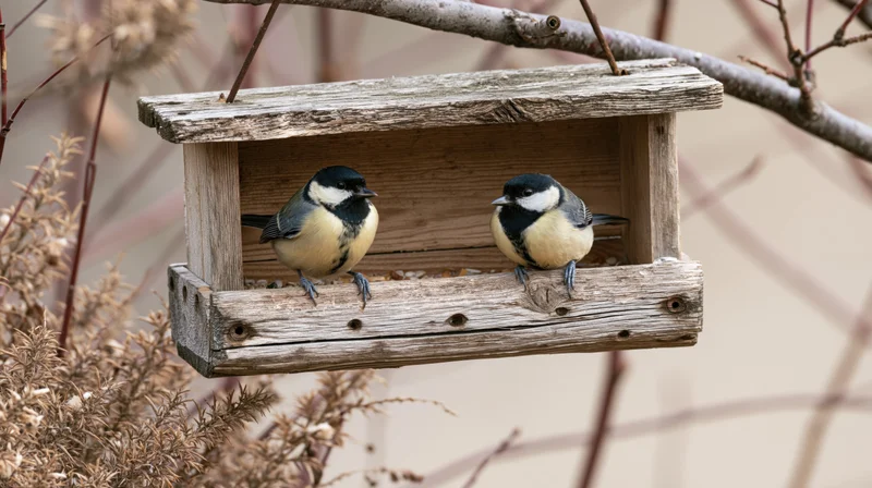 Two great tits perched on opposite sides of a weathered wooden bird feeder hanging from a branch in a garden setting