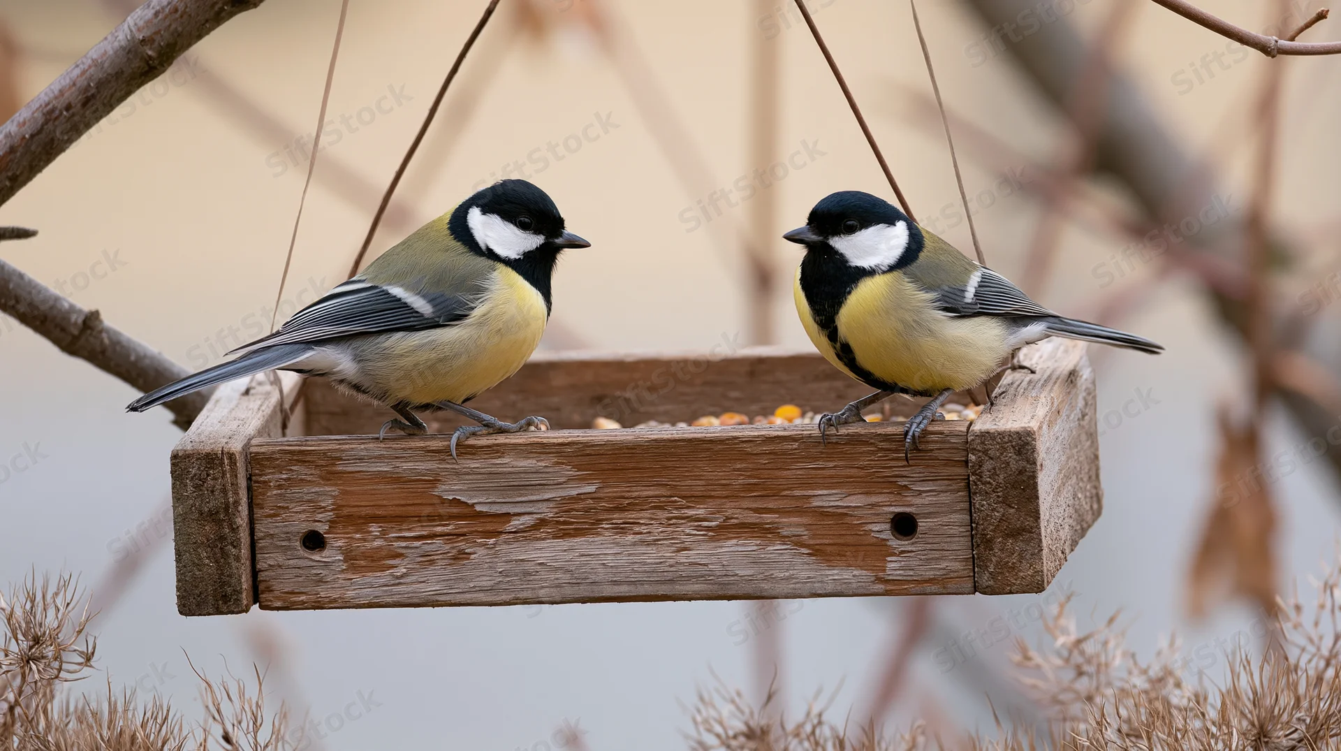 Two great tits perched on opposite sides of a rustic wooden bird feeder in a garden setting