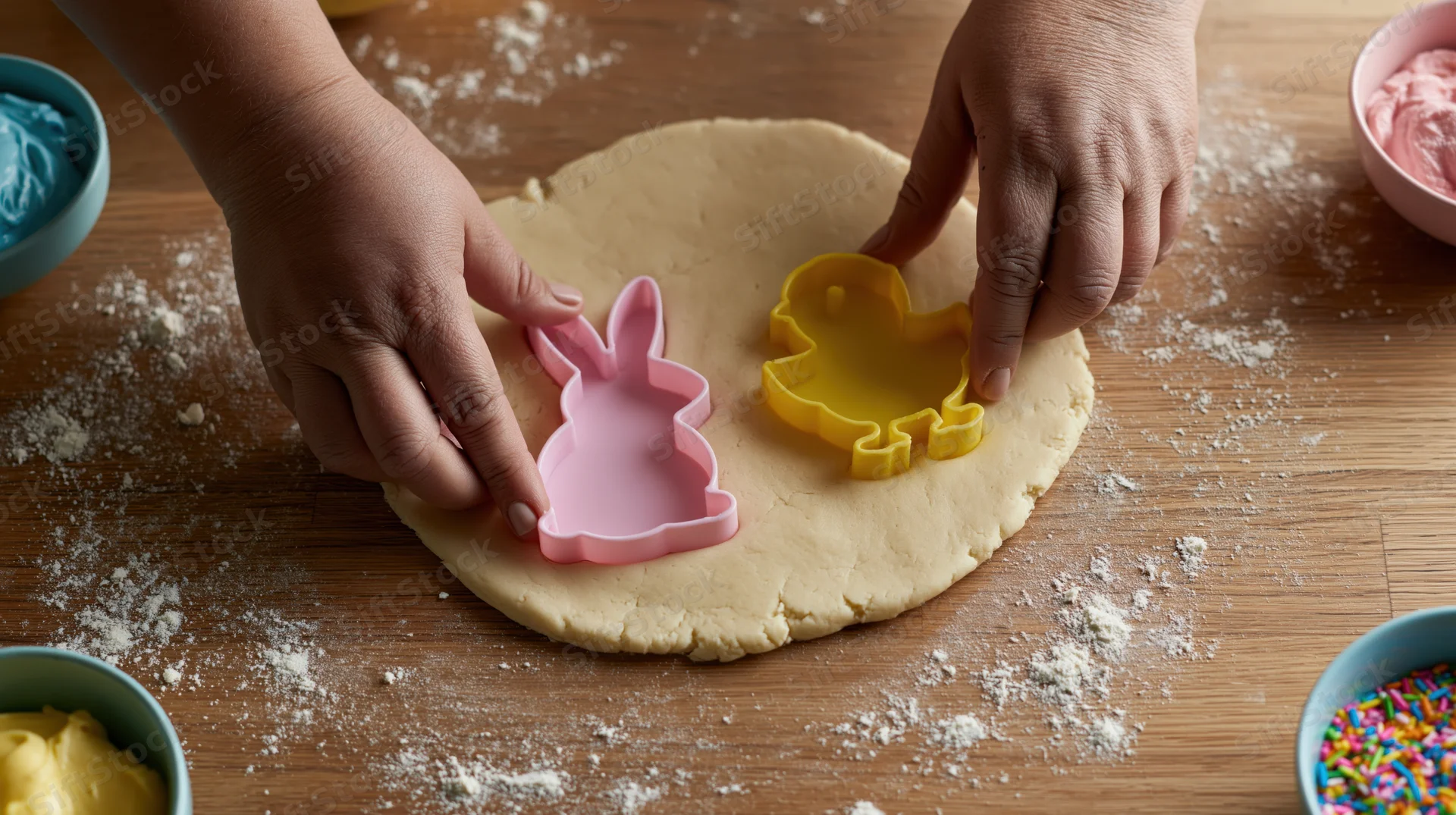 Hands pressing pink rabbit and yellow chick cookie cutters into dough on a wooden table