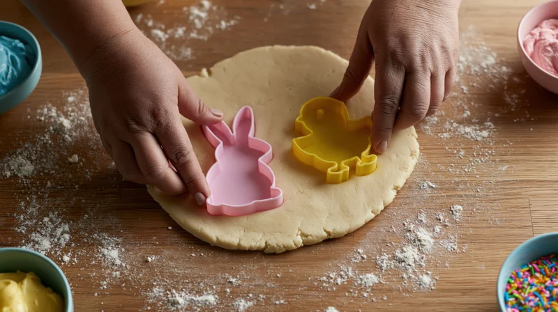 Hands pressing pink rabbit and yellow chick cookie cutters into dough on a wooden table