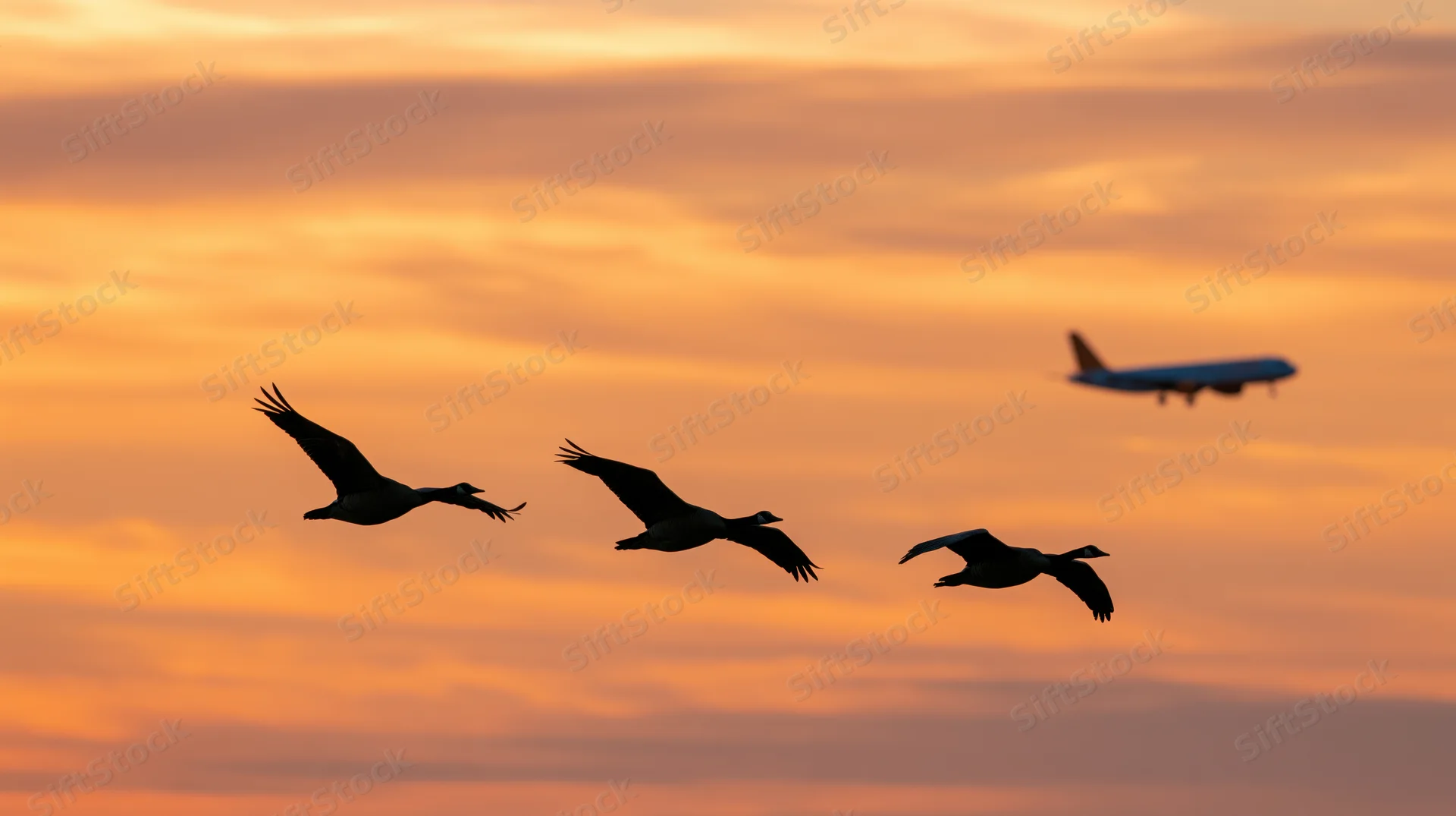 Three geese flying in formation against an orange sunset sky with a commercial jet in the distance