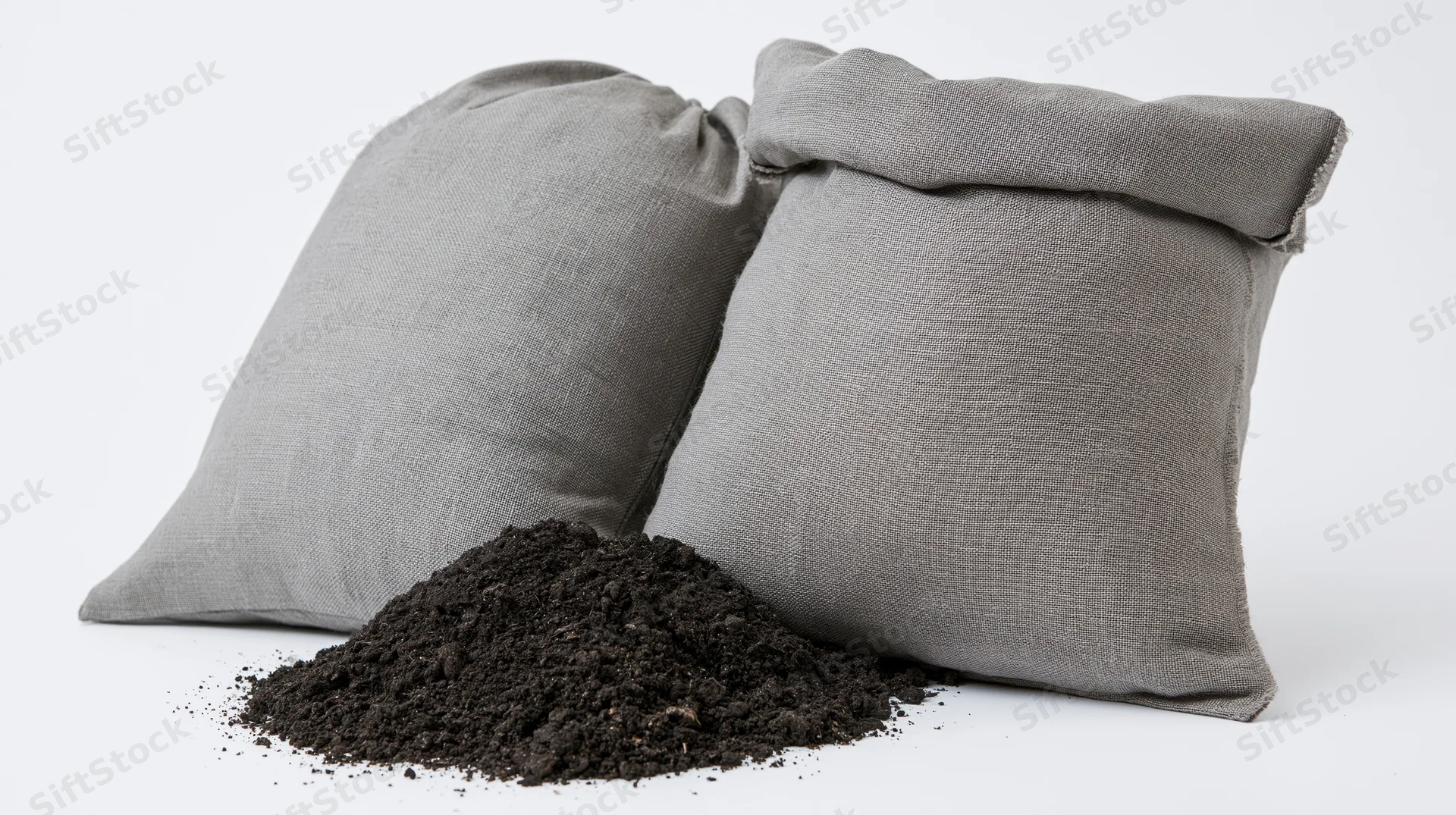 Two grey fabric bags filled with dark compost piled in front on white background