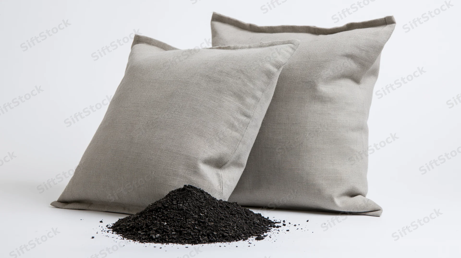 Two gray fabric bags filled with charcoal granules on white surface