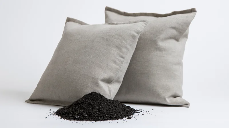 Two gray fabric bags filled with charcoal granules on white surface