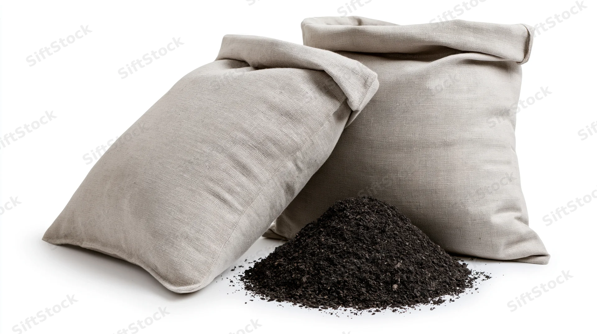 Two fabric bags filled with dark soil material on white background