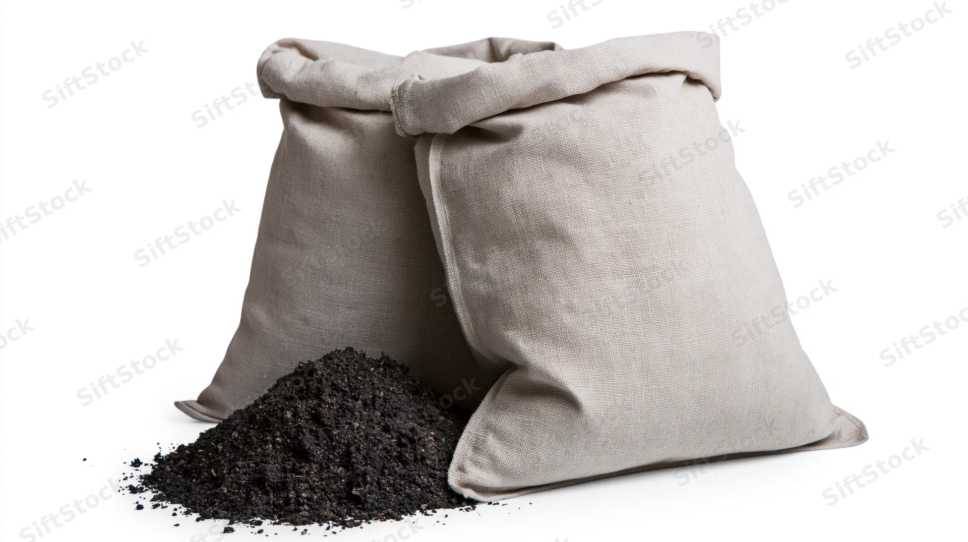 Two fabric bags filled with dark soil spilling onto white surface