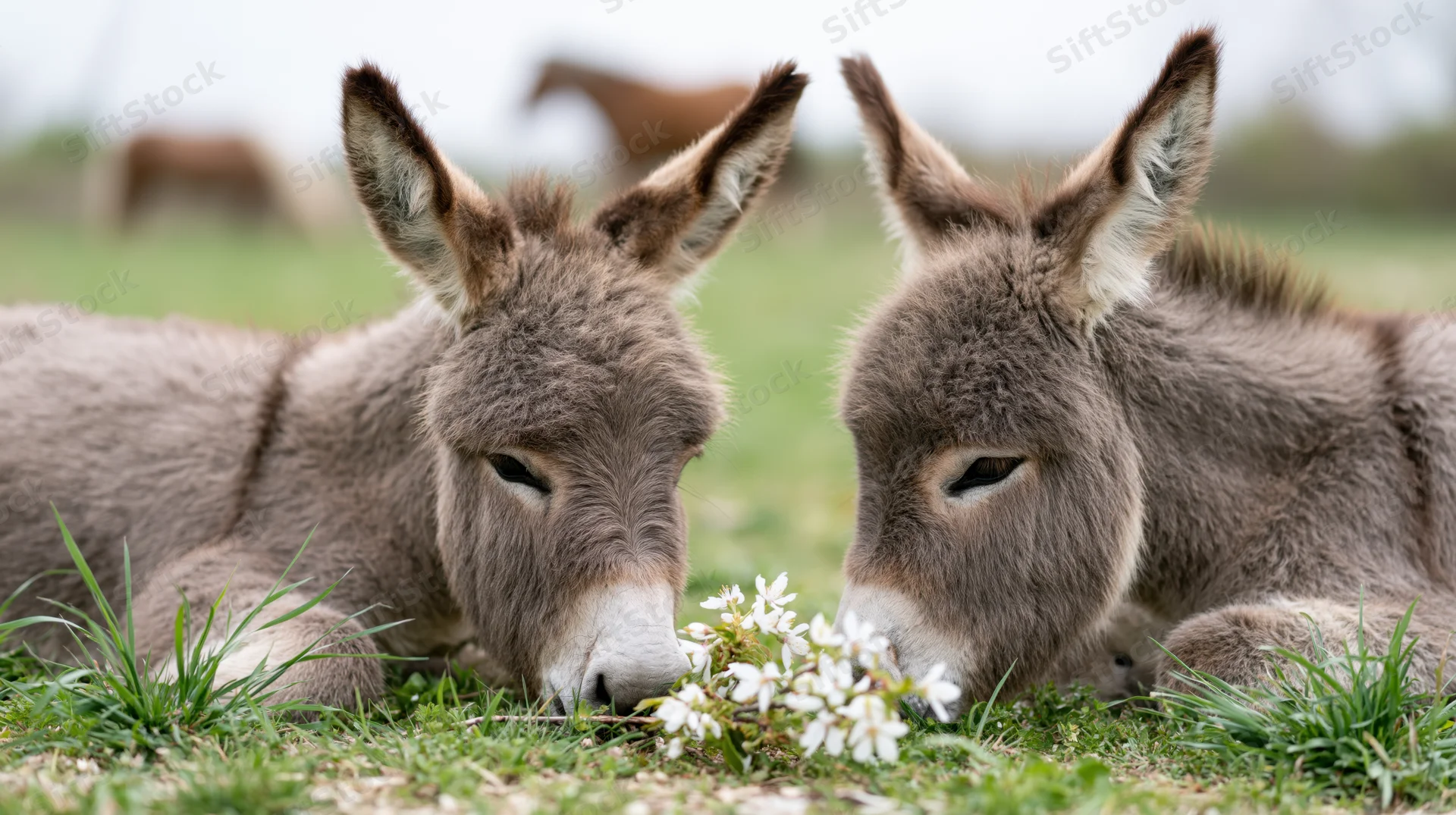 Two miniature donkeys nuzzling over white flowers in a grassy field