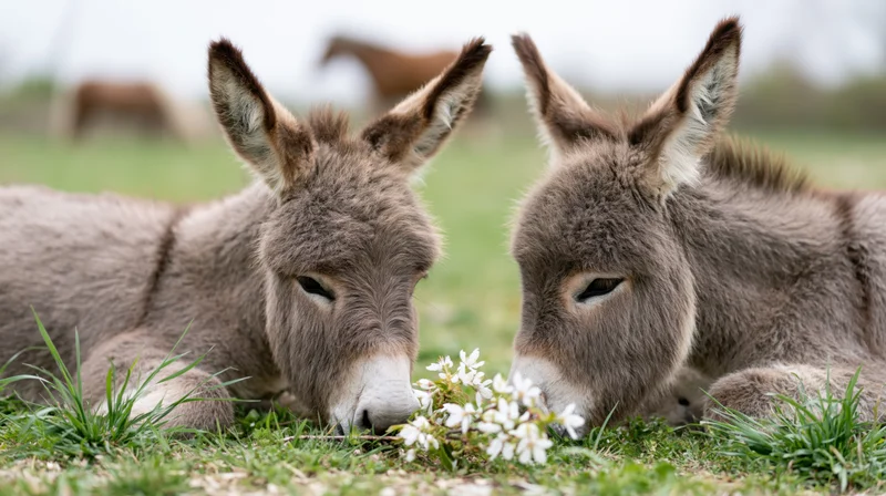 Two miniature donkeys nuzzling over white flowers in a grassy field