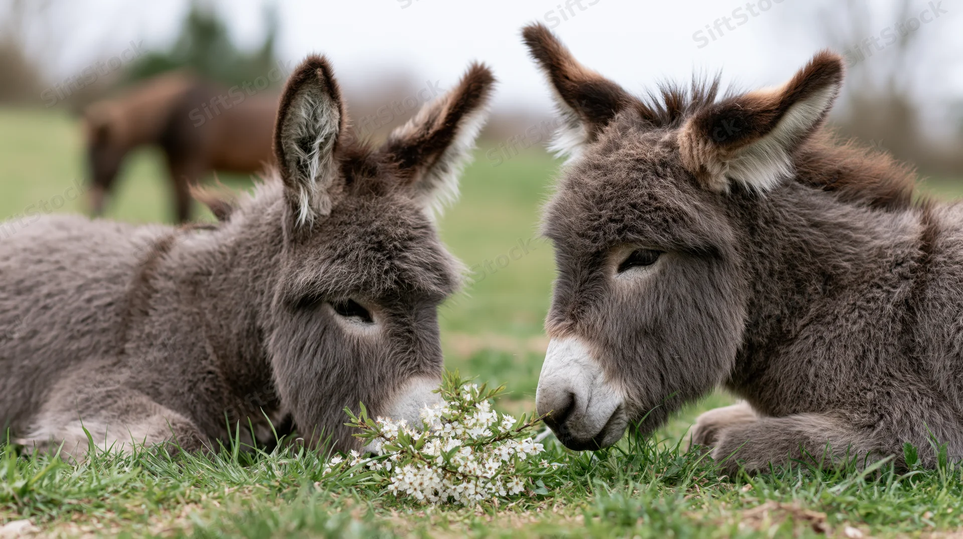 Two miniature donkeys lying on green grass nuzzling over a small white flowering branch
