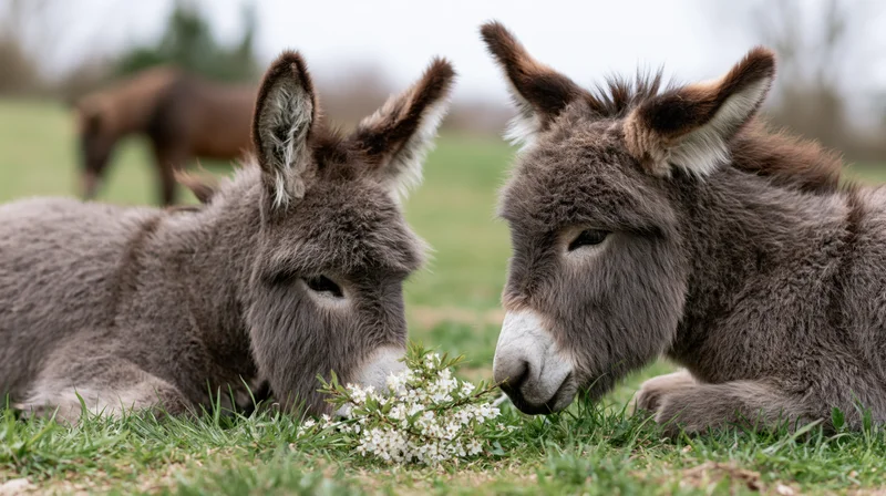 Two miniature donkeys lying on green grass nuzzling over a small white flowering branch