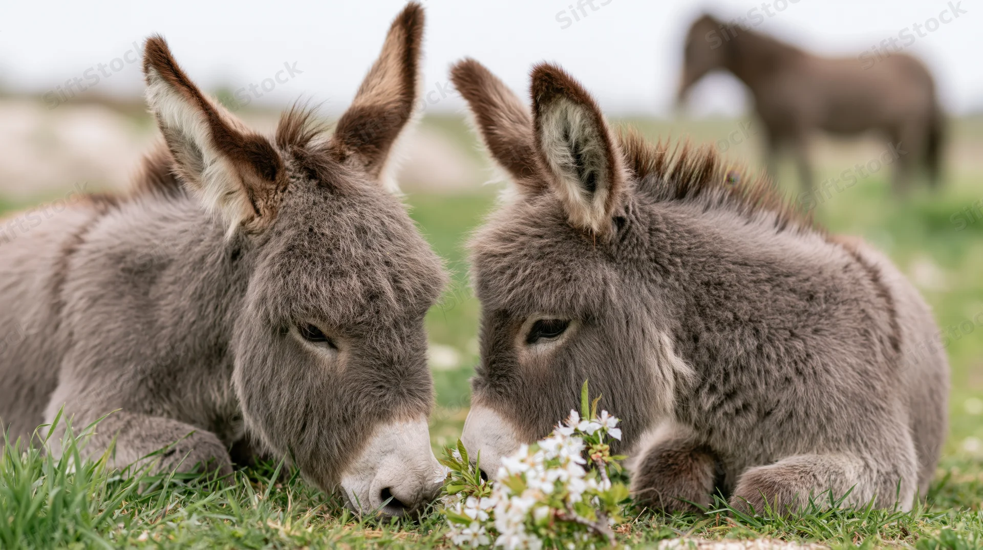 Two miniature donkeys nuzzling over white flowers in a grassy field