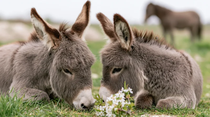 Two miniature donkeys nuzzling over white flowers in a grassy field