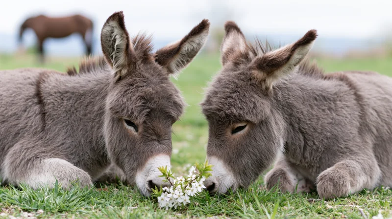 Two miniature donkeys lying on green grass nuzzling over a small white flower