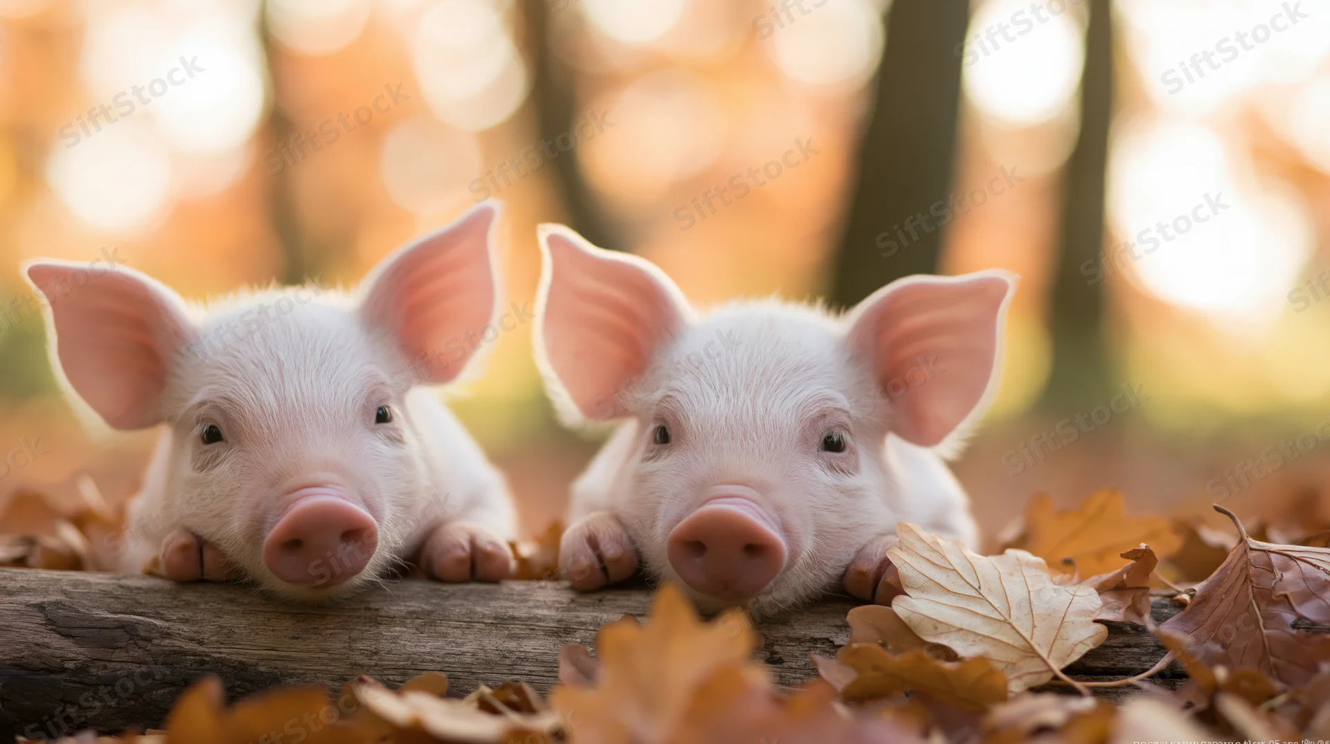 Two newborn piglets resting their chins on a weathered log surrounded by autumn leaves in a forest setting