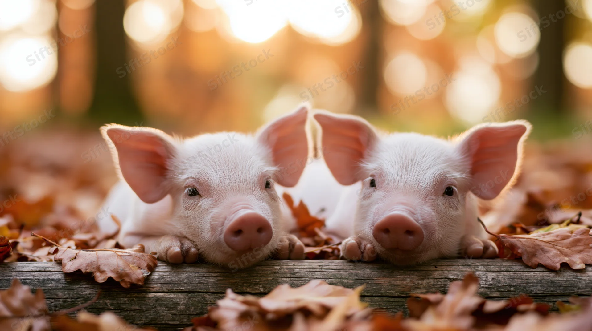 Two newborn piglets resting their chins on a weathered log surrounded by autumn leaves in a forest setting