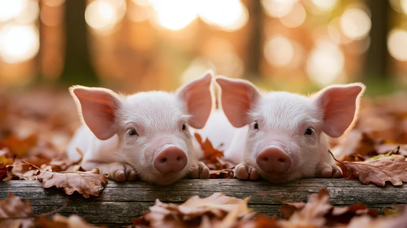 Two newborn piglets resting their chins on a weathered log surrounded by autumn leaves in a forest setting