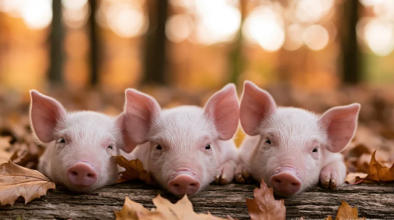 Three piglets resting their chins on a log among autumn leaves in a forest