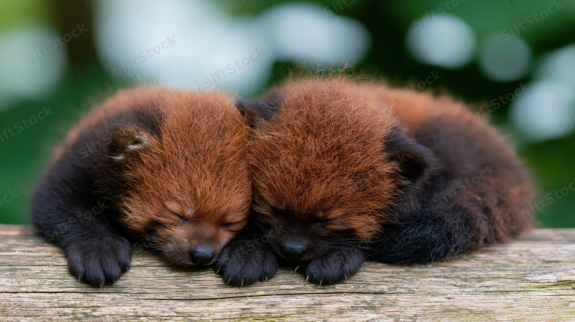 Two newborn red panda cubs sleeping curled together on a wooden log