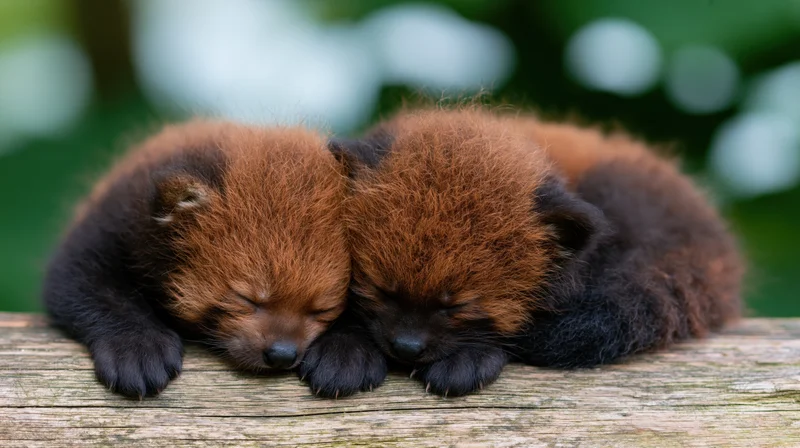 Two newborn red panda cubs sleeping curled together on a wooden log