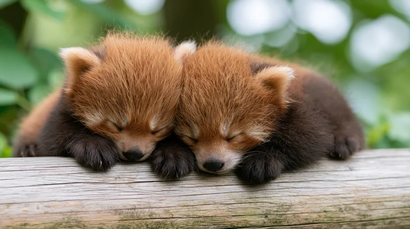 Two red panda cubs sleeping curled together on a wooden log in a forest setting