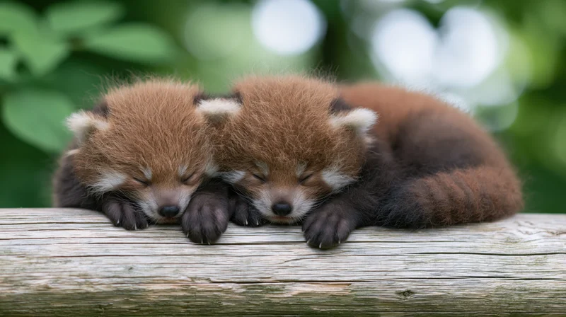 Two newborn red panda cubs sleeping curled together on a wooden log in a green forest setting