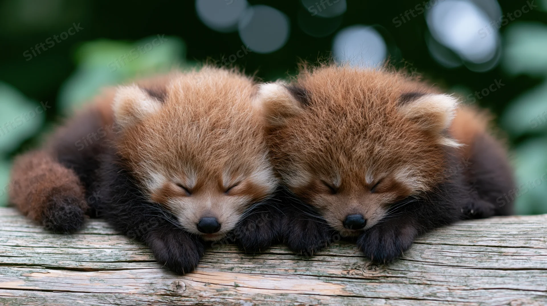 Two newborn red panda cubs sleeping curled together on a wooden log