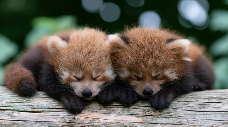 Two newborn red panda cubs sleeping curled together on a wooden log