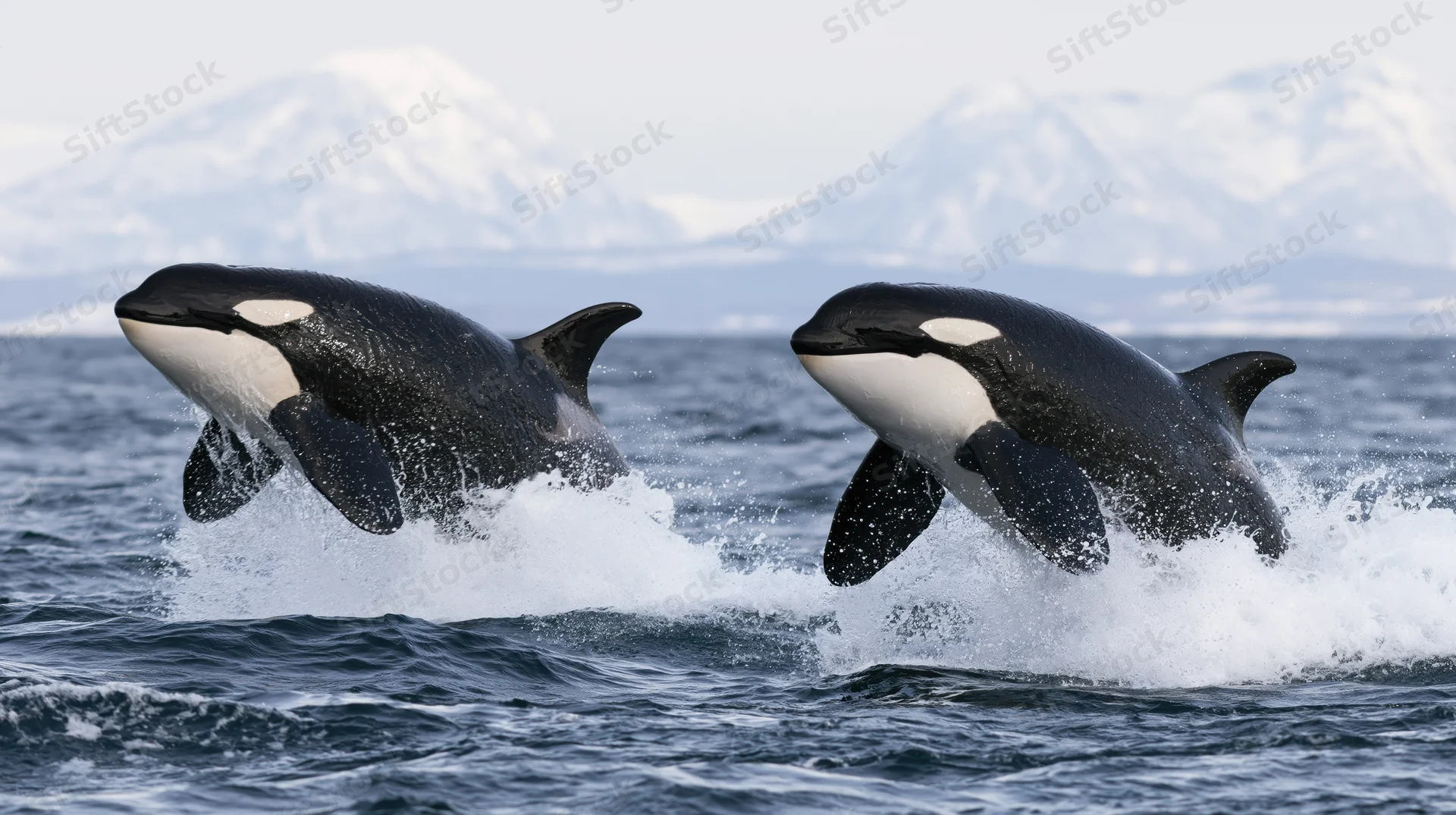Two orcas breaching side by side in the ocean with snowy mountains in the background