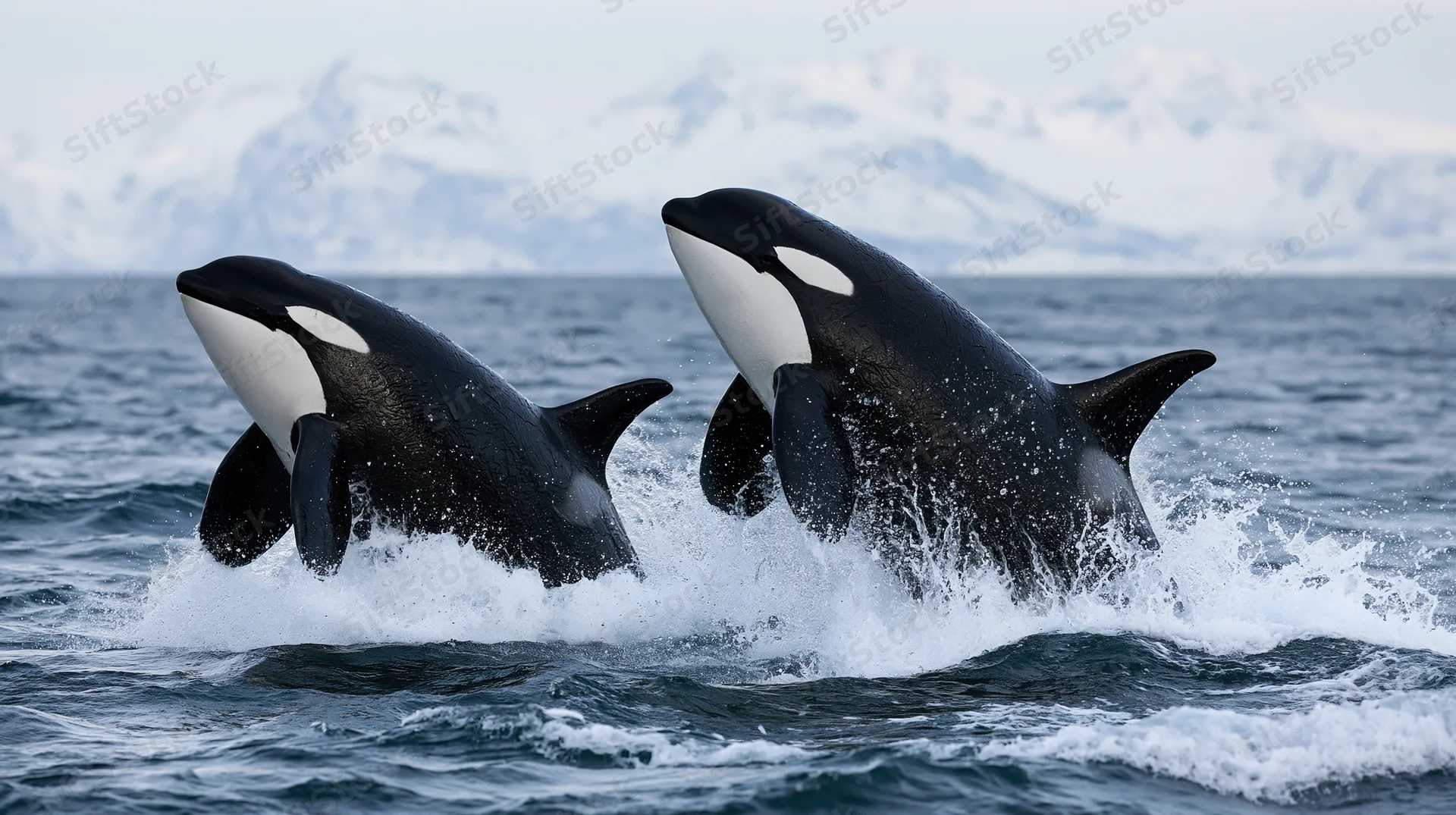 Two orcas breaching side by side in the ocean with snowy mountains in the background