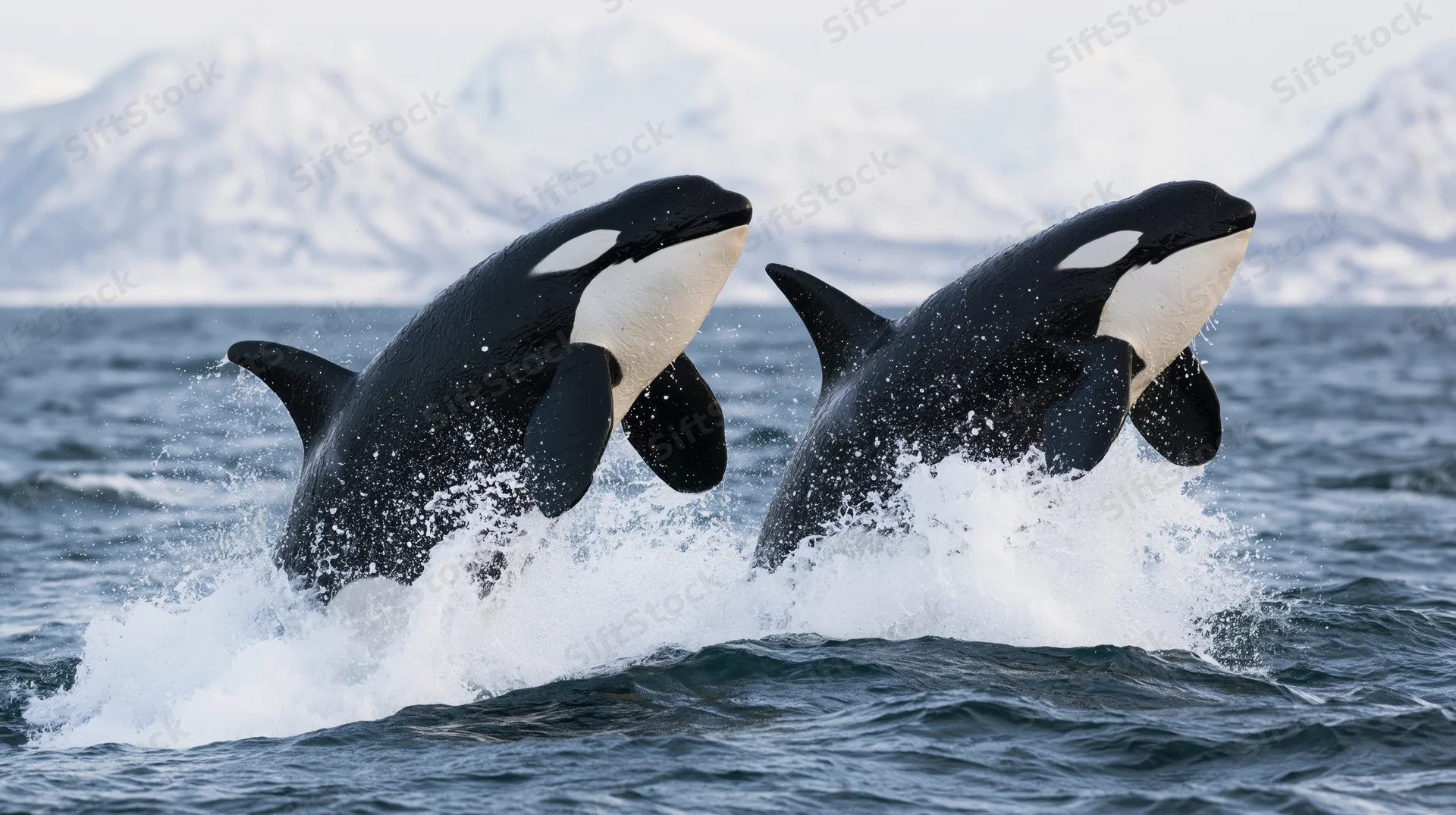 Two orcas breaching side by side in the ocean with snowy mountains in the background