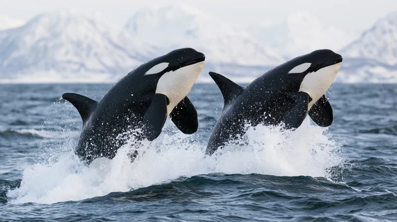 Two orcas breaching side by side in the ocean with snowy mountains in the background