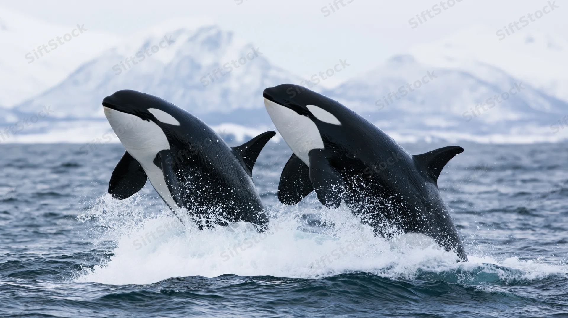 Two orcas breaching side by side in the ocean with snowy mountains in the background