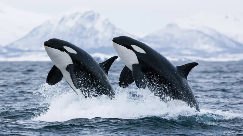 Two orcas breaching side by side in the ocean with snowy mountains in the background