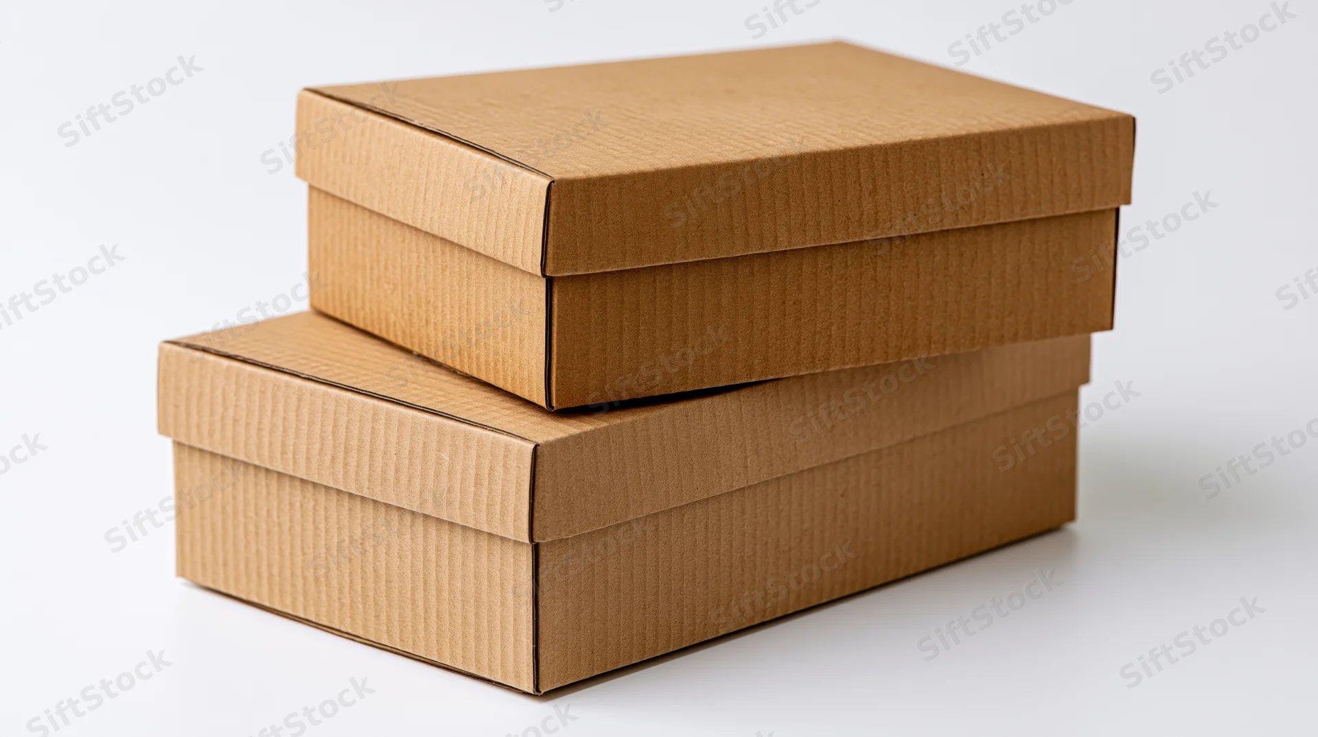 Two plain brown corrugated cardboard shipping boxes stacked on a white surface