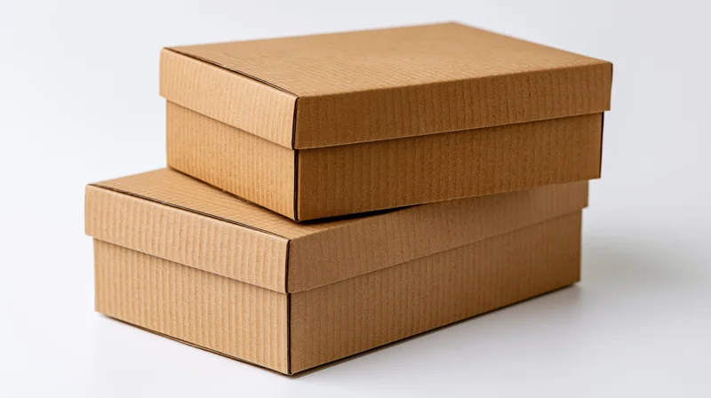 Two plain brown corrugated cardboard shipping boxes stacked on a white surface
