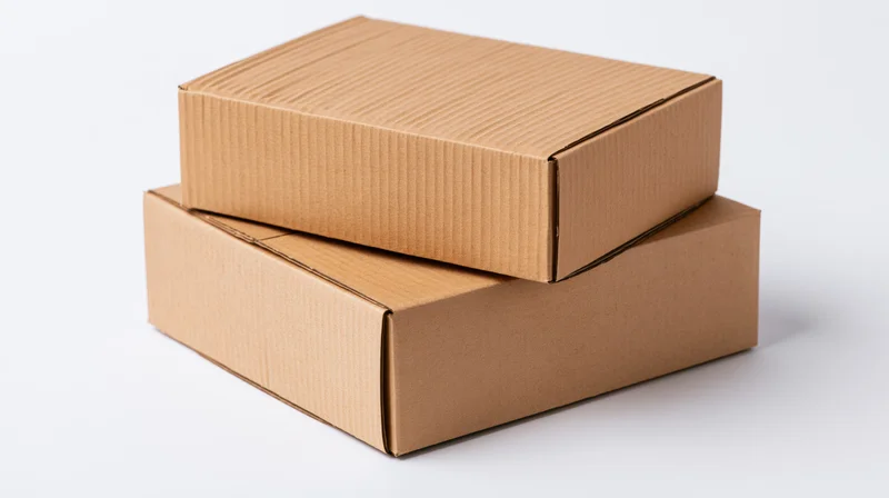 Two plain brown corrugated cardboard shipping boxes stacked on a white surface