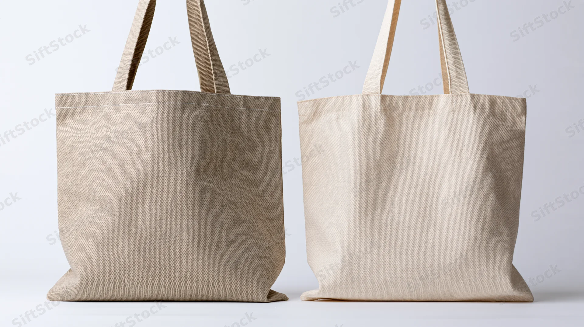 Two plain canvas tote bags displayed side by side against a white background