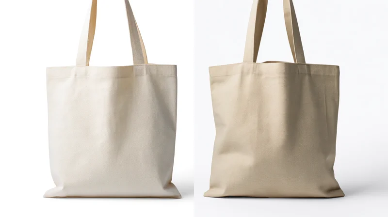 Two plain canvas tote bags side by side on white background