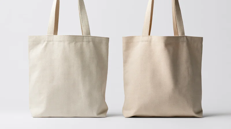 Two plain canvas tote bags side by side on white background