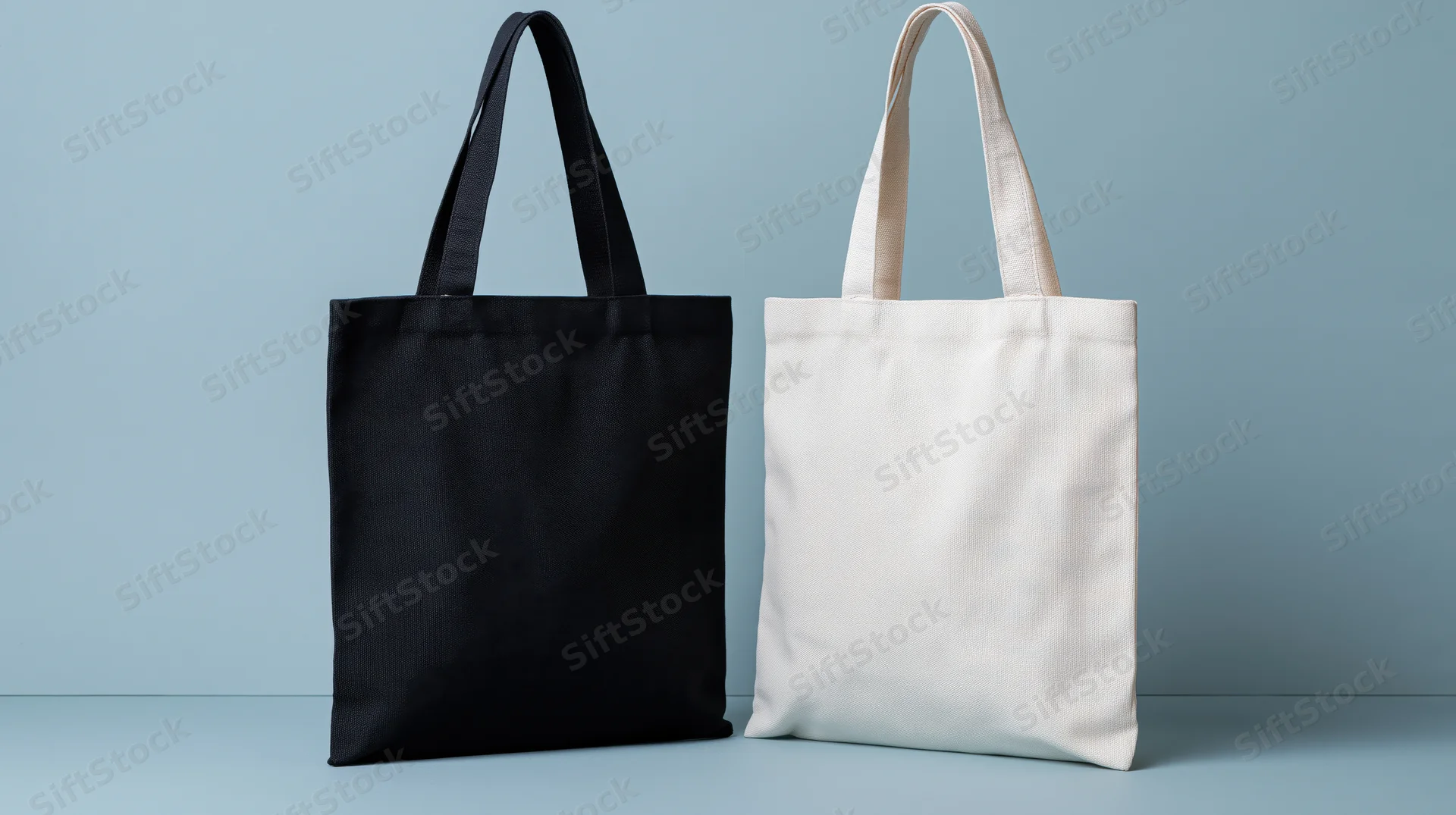 Two plain canvas tote bags side by side on a light blue surface