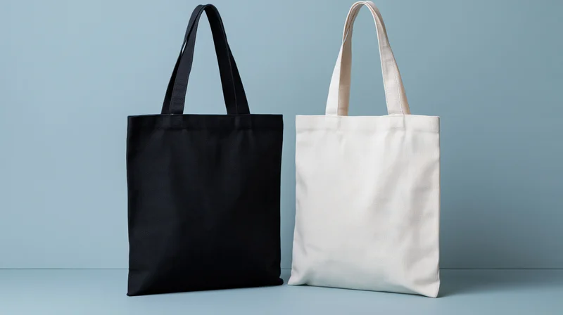 Two plain canvas tote bags side by side on a light blue surface