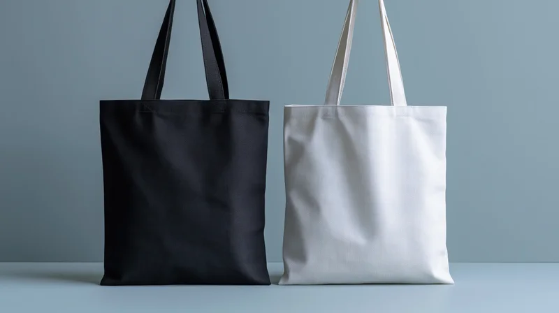 Two plain canvas tote bags side by side on a light blue surface