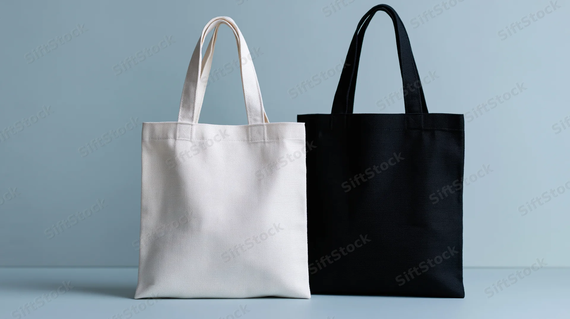 Two plain canvas tote bags side by side on a light blue surface