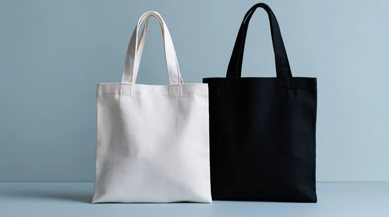 Two plain canvas tote bags side by side on a light blue surface