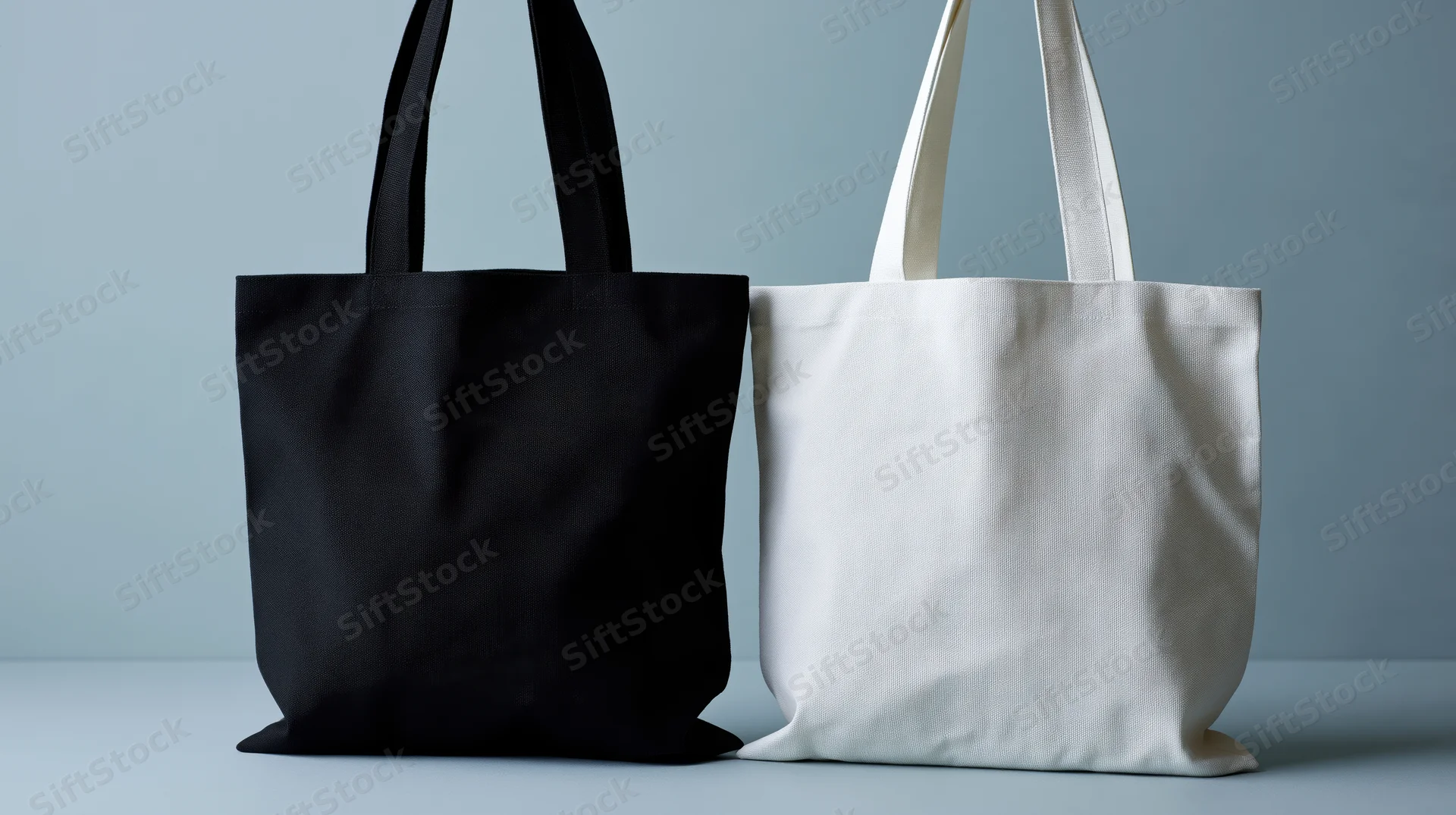 Two plain canvas tote bags side by side on a light surface
