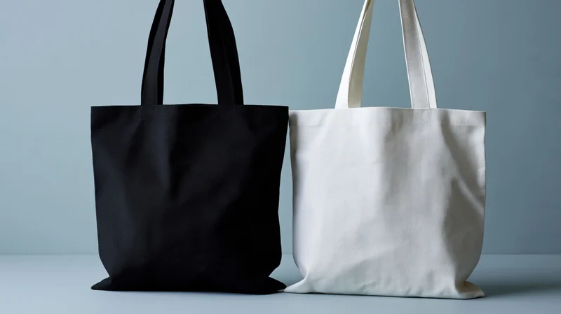 Two plain canvas tote bags side by side on a light surface