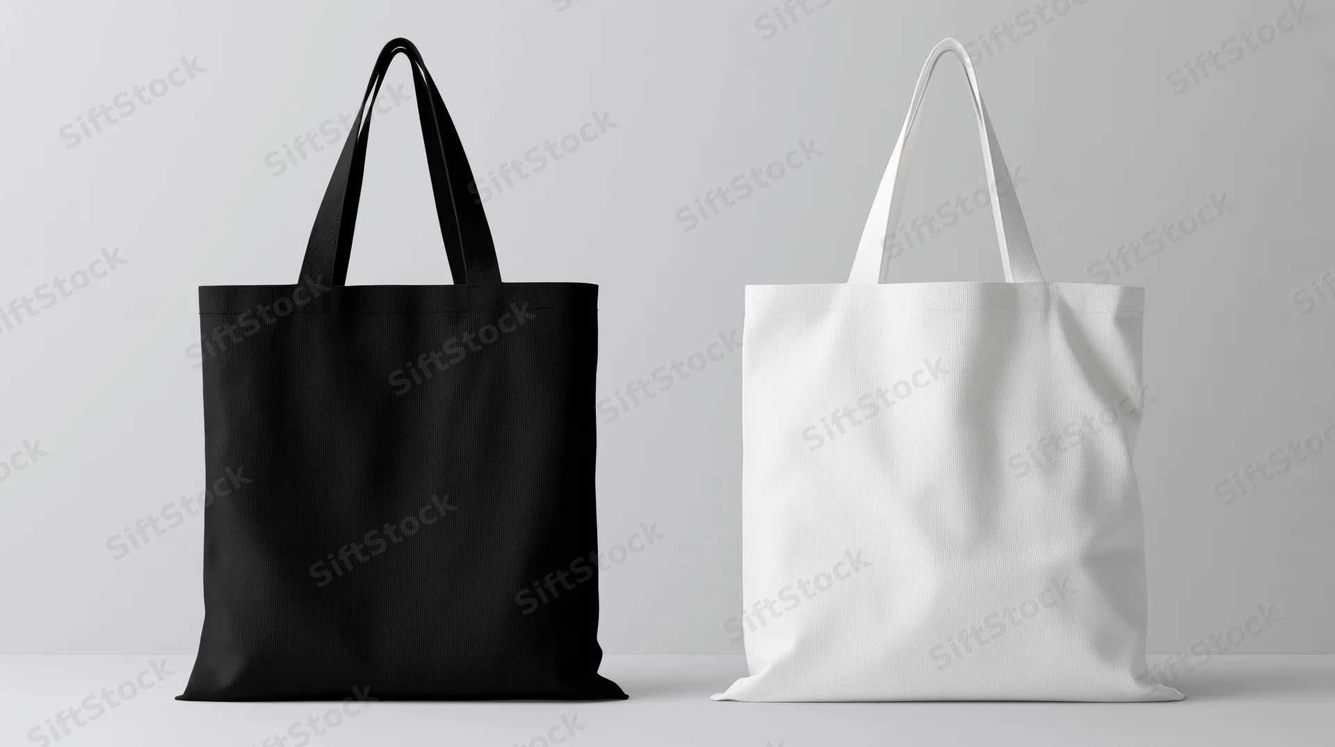 Two plain canvas tote bags side by side, one black and one white, on a neutral studio surface