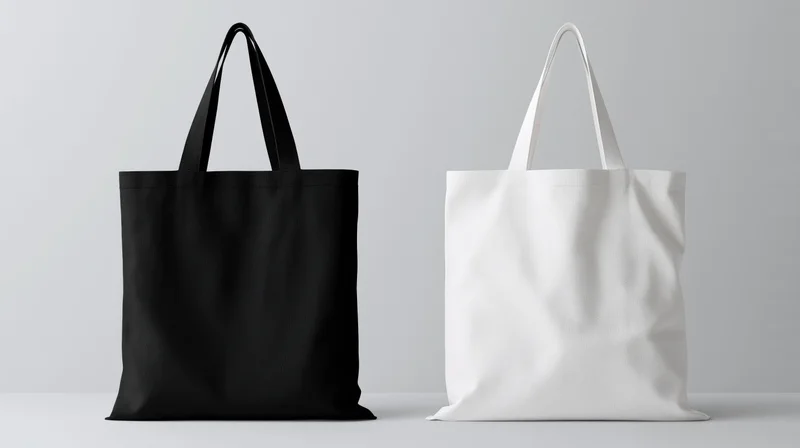 Two plain canvas tote bags side by side, one black and one white, on a neutral studio surface