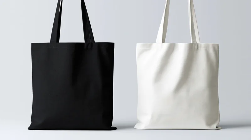Two plain canvas tote bags side by side, one black and one white, on a neutral background