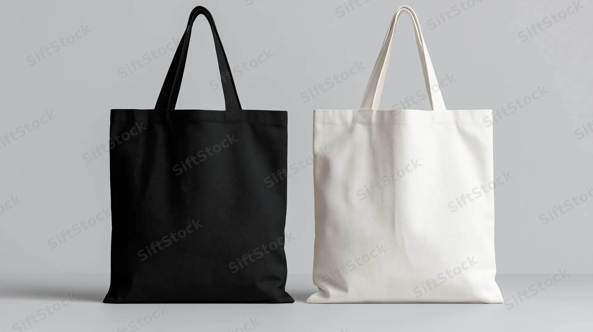 Two plain canvas tote bags side by side, one black and one white, on a neutral surface